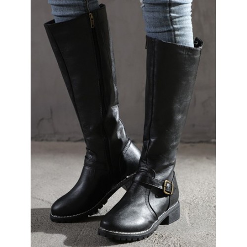 Buckle Decor Back Zip Knee High Boots