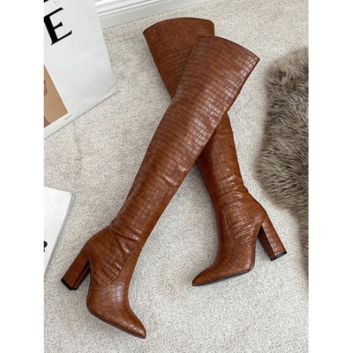 Side Zip Embossed Chunky Heeled Over-the...