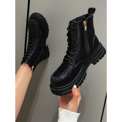 Topstitching Side Zip Lace Up Combat Boots