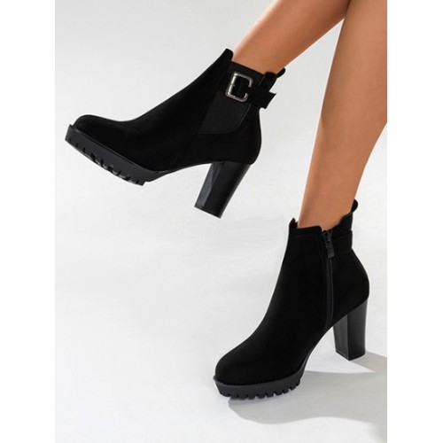 Buckle Decor Zip Side Chunky Heel Boots