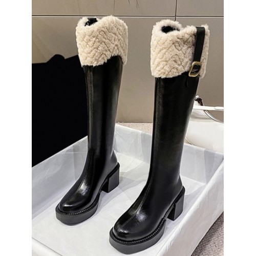 Faux Fur Panel Platform Knee High Boots