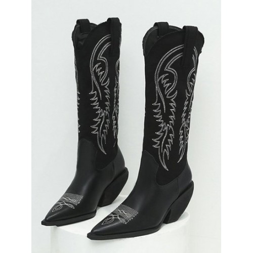 Topstitching Notched Edge Chunky Curved Heeled Boots