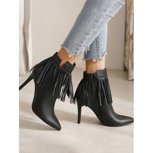 Fringed V Notched Stiletto Heel Boots