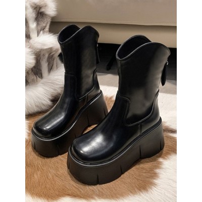 V-curved Back Zip Platform Mid-calf Boots