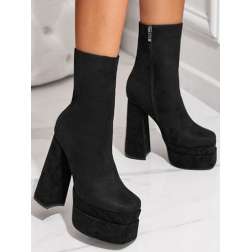 Side Zip Platform Square Toe Mid-calf Bo...