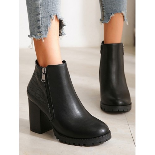 Embossed Lug Sole Block Heel Ankle Boots