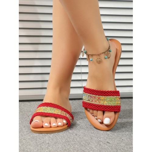 Women's Vacation Ethnic Style Pattern Zig Zag Jacquard Slip On Mules Style Flats Sandals Slides