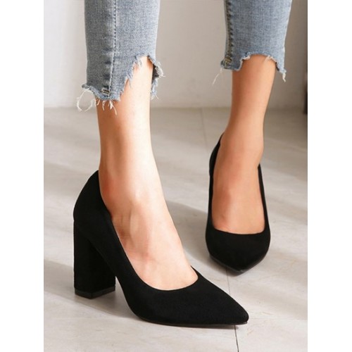 Chunky Heel Suede Court Pumps