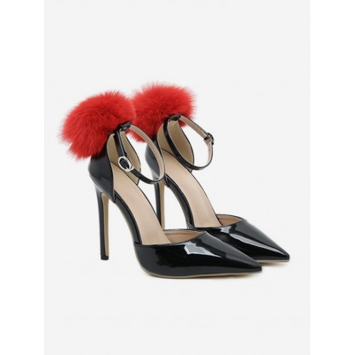 Fuzzy Pompoms High Heeled Ankle Straps P...