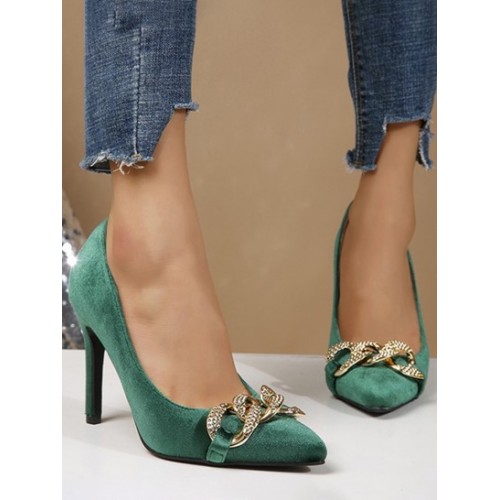 Chain Embellished Velvet Stiletto Pumps