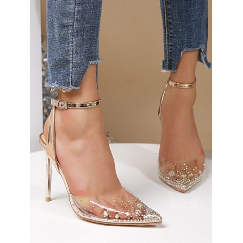 Rhinestone Transparent Pointed Toe Ankle...