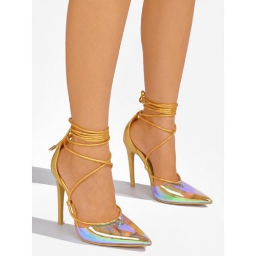 Pointed Toe Ankle Wrap Iridescent Transp...