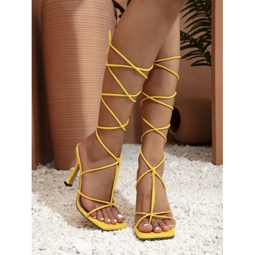 Lace Up Wrap Square Toe Thong Sandals