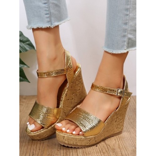 Metallic Sparkly Embossed Wedge Heeled S...