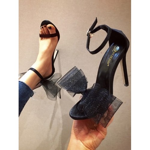 Mesh Big Bow Decor High Heeled Ankle Str...