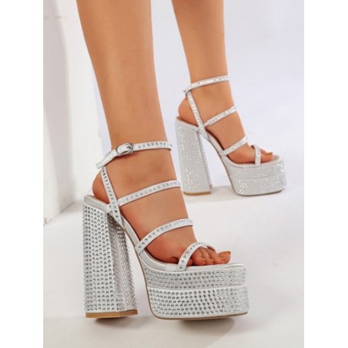 Platform Chunky Heel Sparkly Rhinestone ...