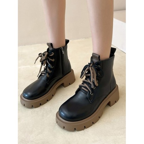 Chunky Heel Double Straps Lace-up Front Boots