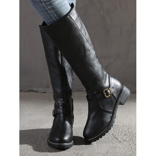 Buckle Decor Back Zip Knee High Boots