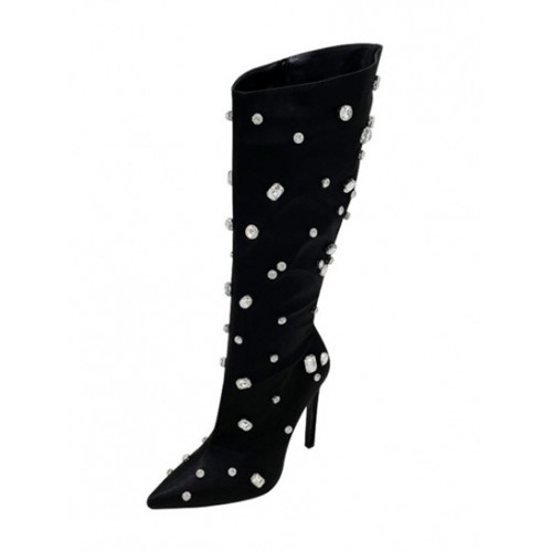 Rhinestone Design Pointed Toe High-heeled Knee Boots