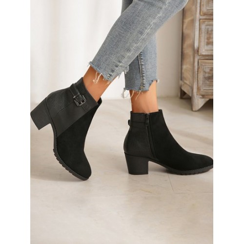 Minimalist Zip Side Buckle Chunky Heel Boots