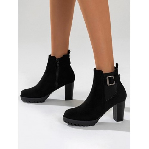 Buckle Decor Zip Side Chunky Heel Boots