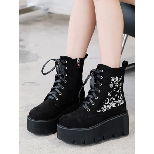 Floral Embroidered Platform Faux Suede Boots