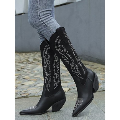 Topstitching Notched Edge Chunky Curved Heeled Boots