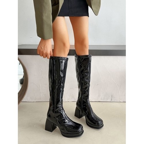 Chunky Heel Square Toe Knee Boots