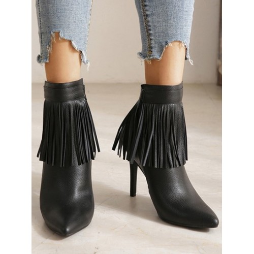 Fringed V Notched Stiletto Heel Boots