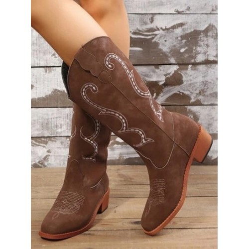 Embroidered Chunky Heel Western Cowboy Boots