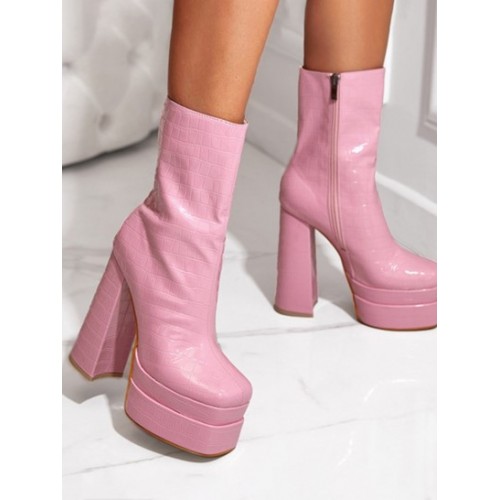 Embossed Side Zip Platform Mid-calf Boots