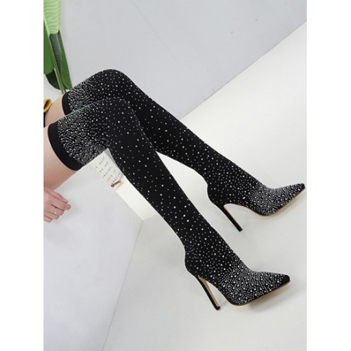 Rhinestones Detail Stiletto Heeled Club Stretch Over-the-knee Socks Boots