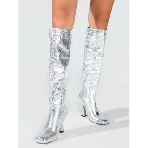 Side Zip Metallic Glitter Sparkle Kitten Heeled Knee High Boots