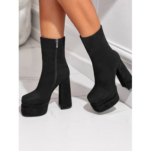 Side Zip Platform Square Toe Mid-calf Boots