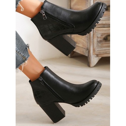 Embossed Lug Sole Block Heel Ankle Boots