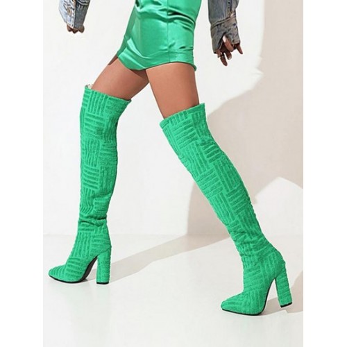 Terry Cloth Textured Chunky Heeled Over-the-knee Boots