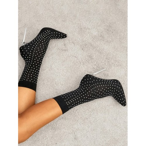 Rhinestones Bejeweled Pointed Toe Heeled Stretch Slip On Boots