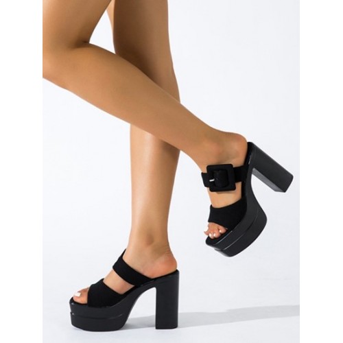 Double Straps Buckle Platform Chunky Heel Square Toe Sandals