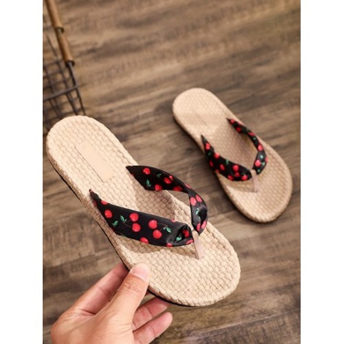 Cherry Print Espadrilles Straw Flip Flops