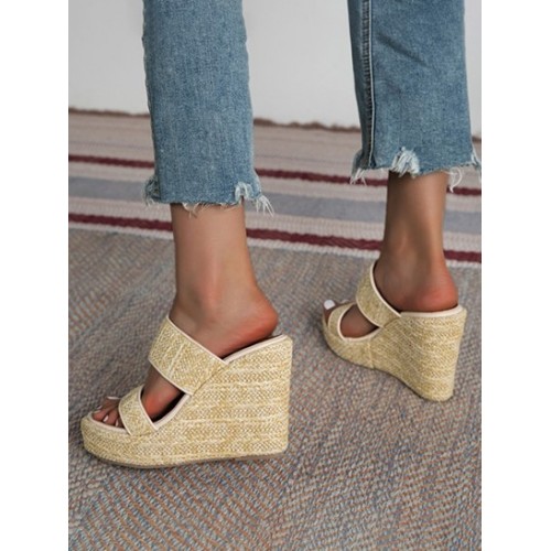 Women's Two Straps Platform Wedge Heeled Straw Espadrille Style Slip On Sandals Slides