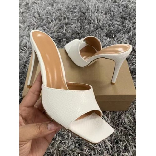 Women's Solid Color Snake Embossed Stiletto High Heel Square Toe Party Slide Sandals Pumps