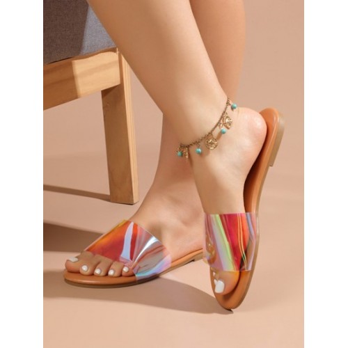 Women's Fashion Daily Iridescent Open Toe Slip On Flat Slide Sandals