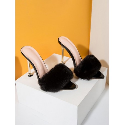 Women's Sexy Elegant High Stiletto Heeled Pointed Toe Textured Fluffy Fuzzy Furry Faux Fur Slip On Slides Sandals