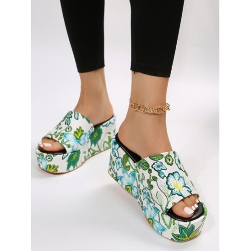 Women's Floral Embroidered Chunky Style Platform Wedge Heeled Slip On Sandals Slides