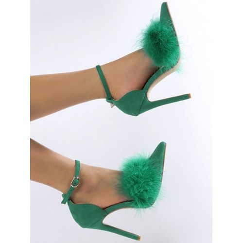 Feather Ankle Strap Stiletto Heel Pumps