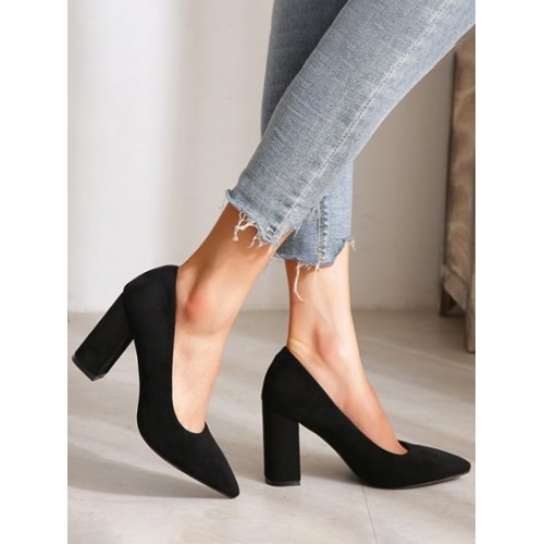 Chunky Heel Suede Court Pumps