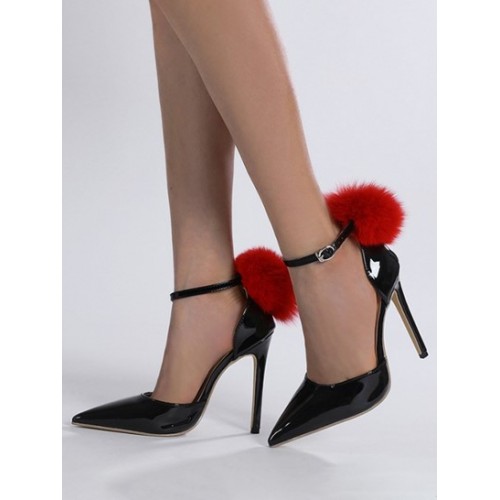 Fuzzy Pompoms High Heeled Ankle Straps Party Pumps