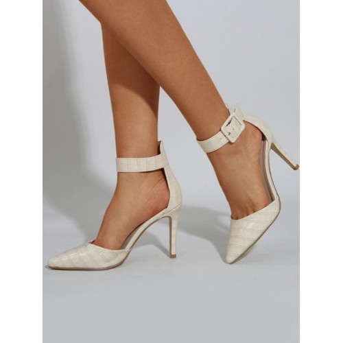 Pointed Toe Buckle Ankle Strap Open Sides Pumps