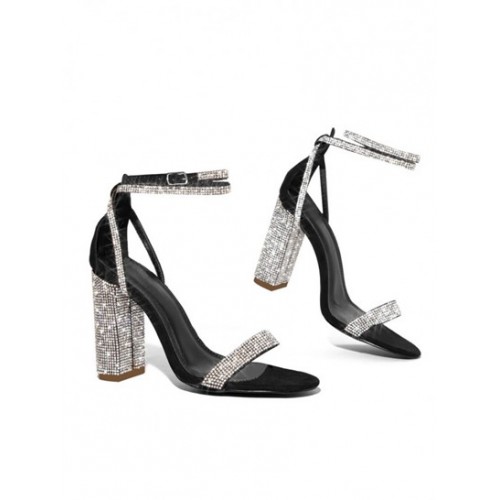 Rhinestones Detail Sparkly Ankle Strappy Chunky Heeled Sandals