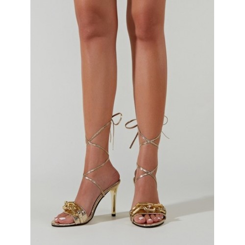 Metallic Lace Up Chain Embellished Embossed Sandals